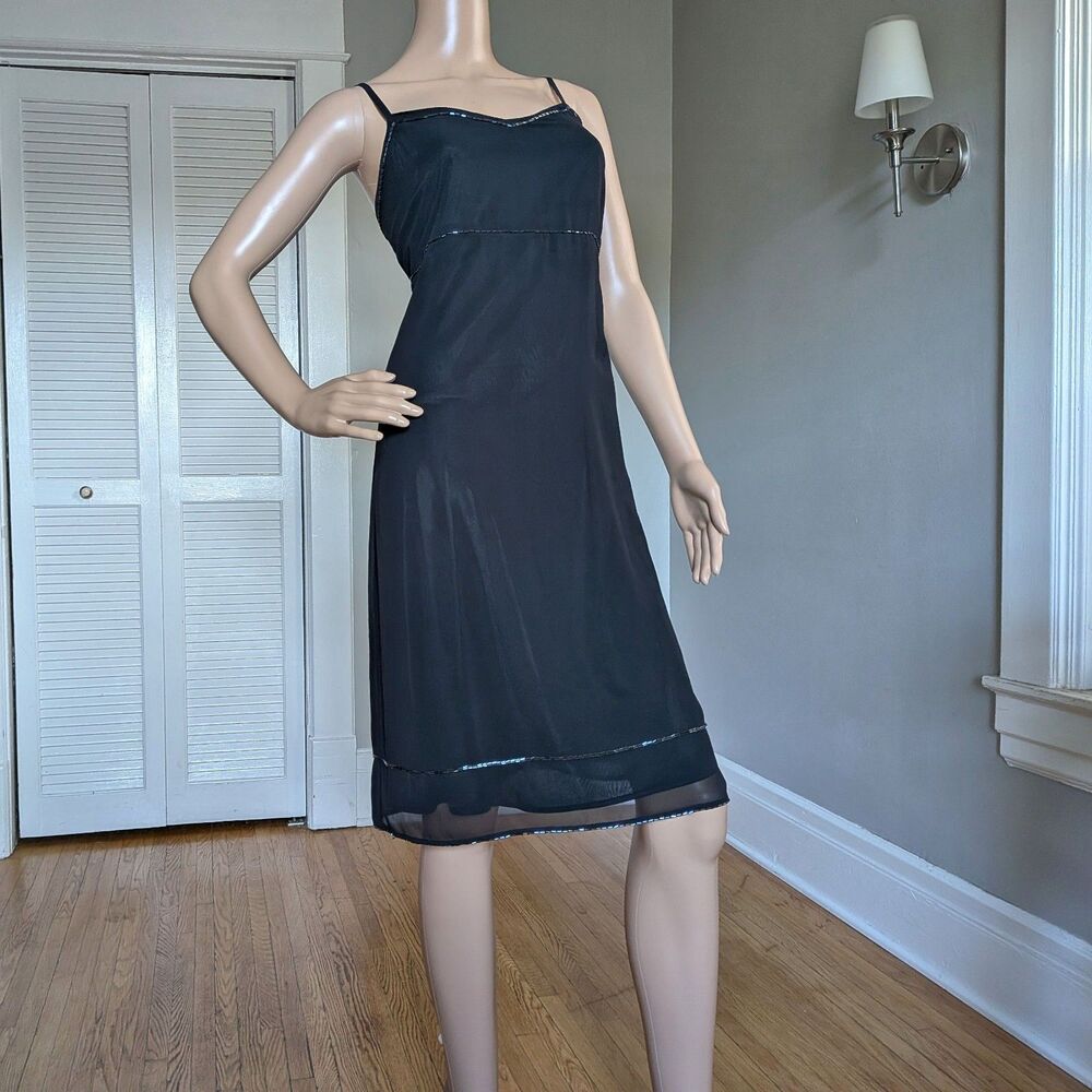 Vintage Y2K Express Black Midi Dress Beaded Evening Whimsigoth Size 9/10